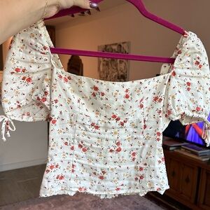 REFORMATION Floral Cap Sleeve Ruffle Top with Tie Detail